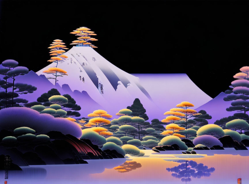 Colorful Trees and Snow-Capped Mountains in Tranquil Landscape