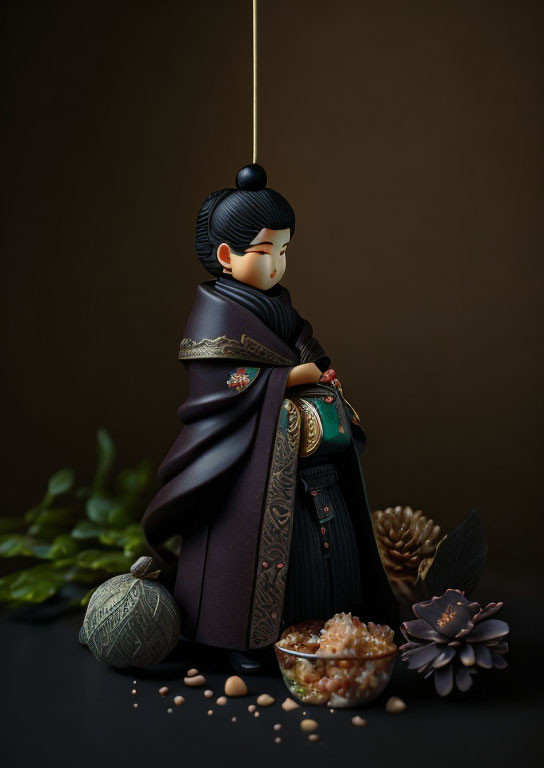 Traditional Japanese doll in dark kimono with pine cones, seeds, and food bowl