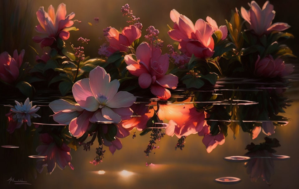 Pink Flowers Reflecting on Tranquil Water