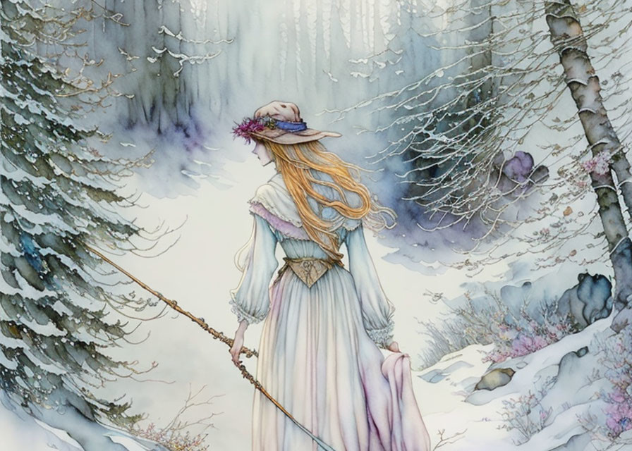 Woman in vintage dress and hat in snowy forest with staff.