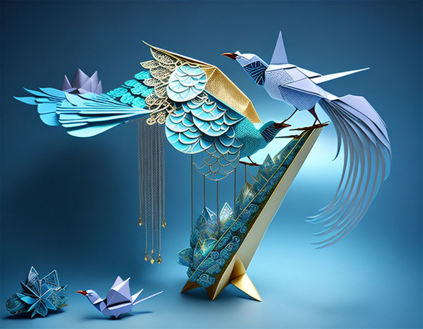 Stylized origami birds with patterns on blue gradient background