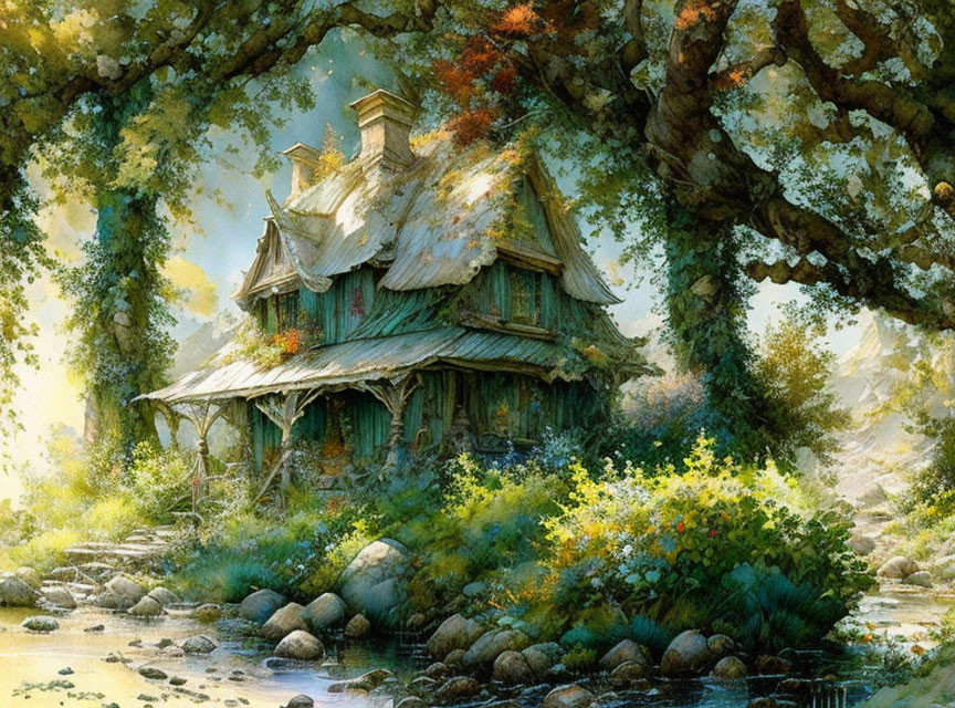 Tranquil Forest Cottage with Stream and Sunlight