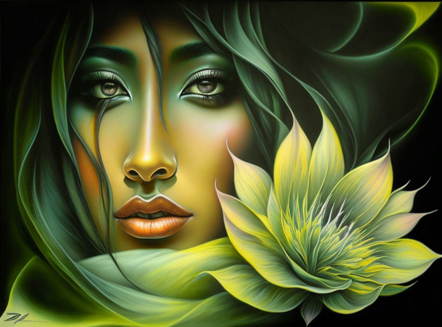 Colorful illustration of woman with green hair next to yellow flower