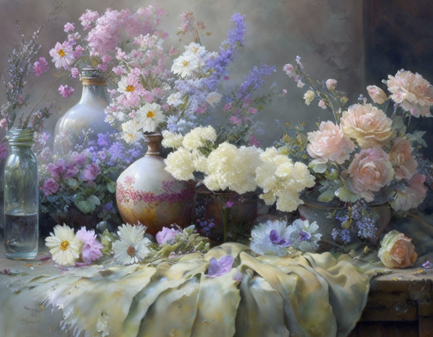 Soft Pastel Still Life Painting of Flowers in Vases