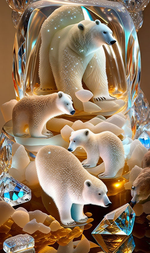 Surreal image: Polar bears in bubbles with crystal structures