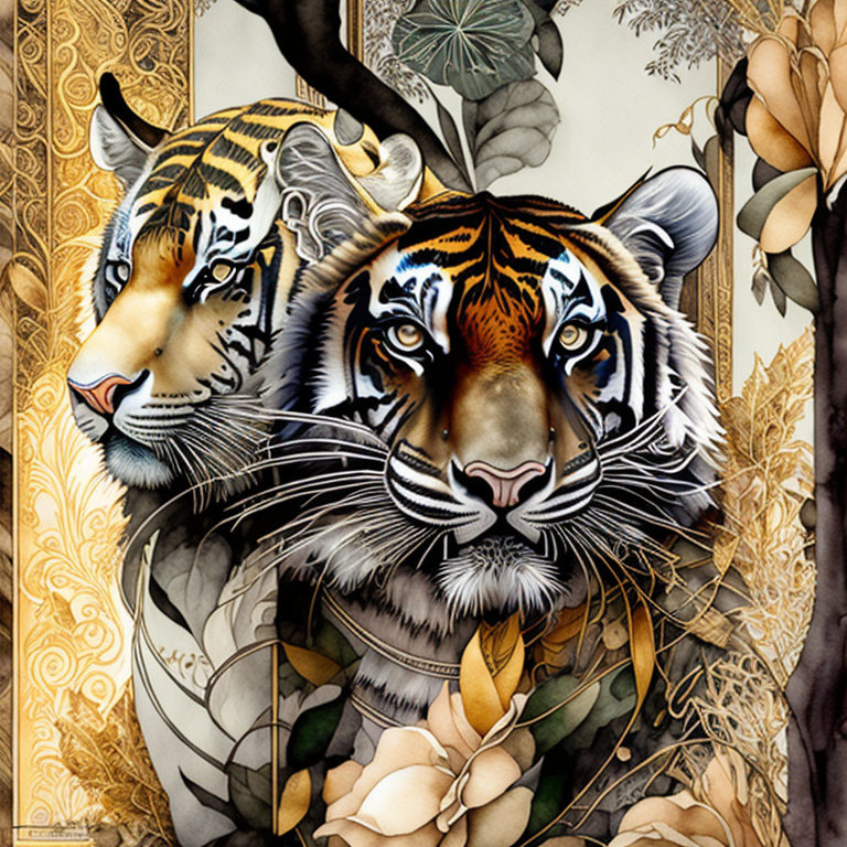 Detailed illustration of two tigers in lush vegetation with intricate fur patterns.