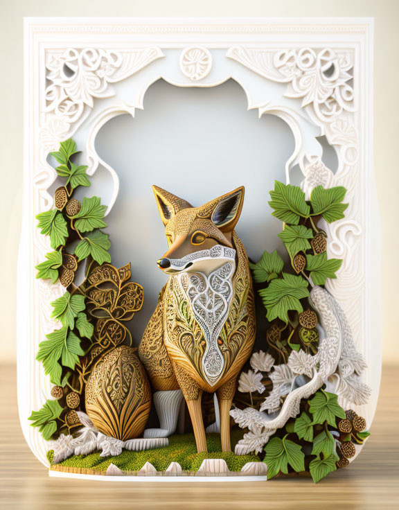 Intricate 3D paper fox art with elaborate patterns and foliage frame