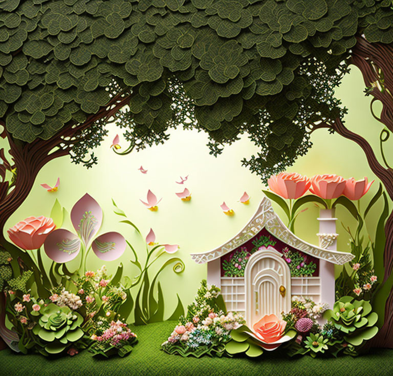 Enchanting fairy tale forest with quaint house and butterflies