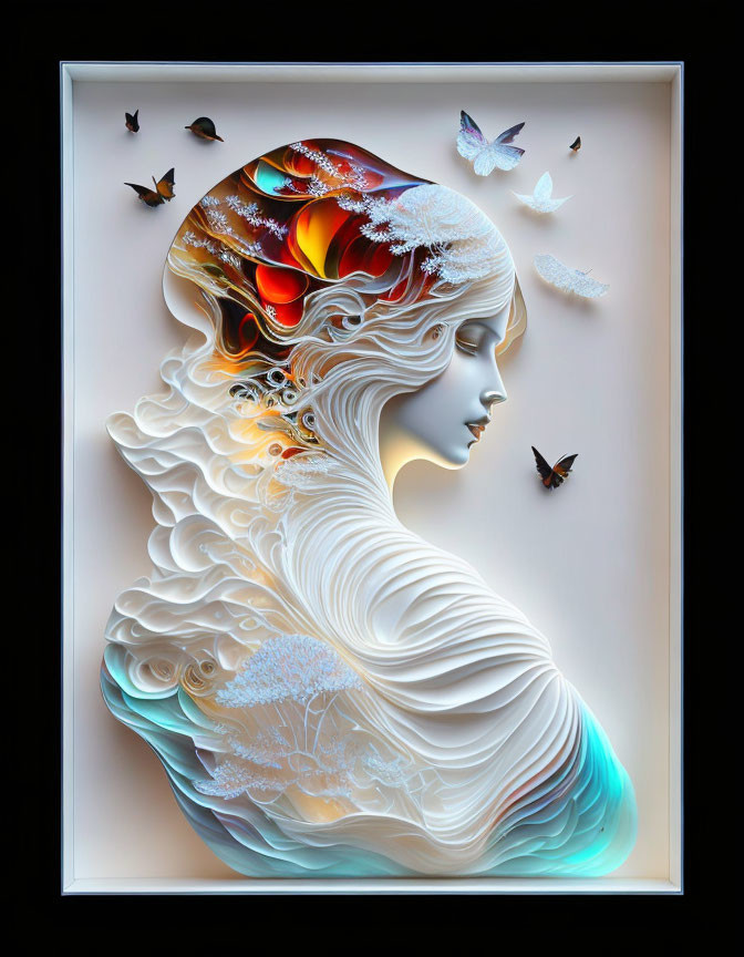 Surreal 3D artwork of woman's profile with flowing hair and butterflies