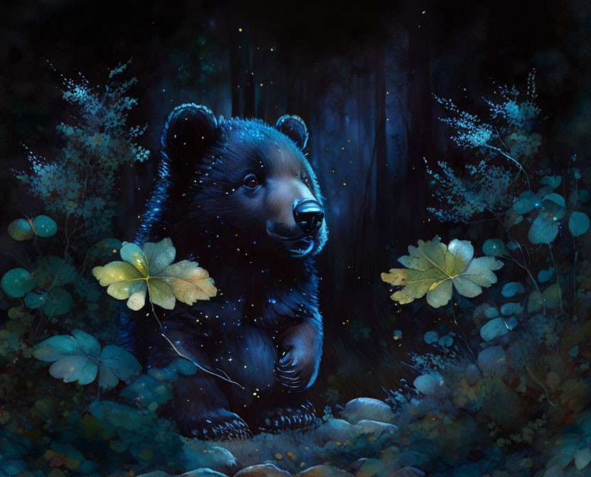 Bear cub surrounded by night foliage and starry fur pattern illustration