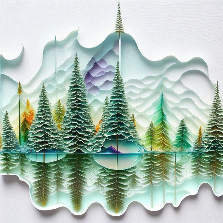 Layered Mountain Ranges and Evergreen Trees 3D Paper Art Piece