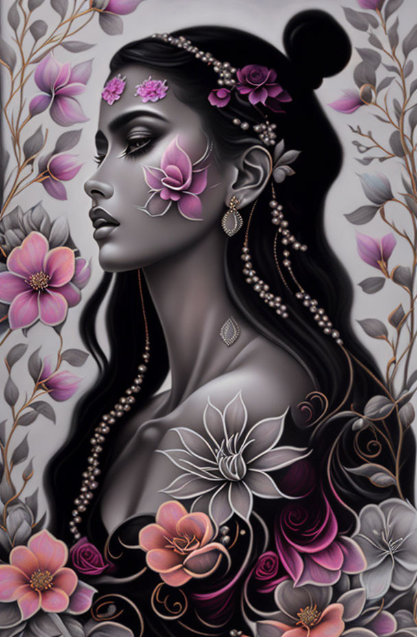 Profile of woman with floral motifs and jewelry on floral backdrop