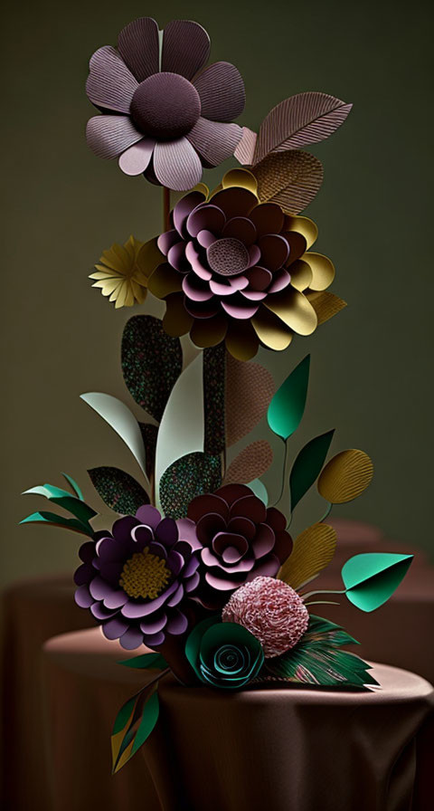 Colorful paper crafted flowers on draped surface with dark background