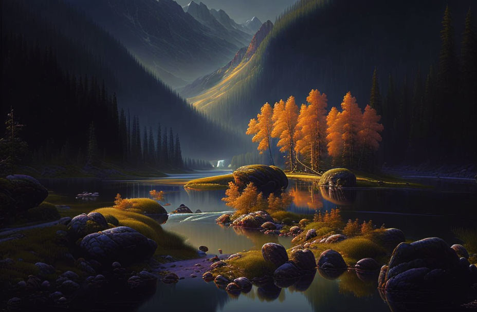 Autumn mountain lake landscape with sunbeams and colorful trees