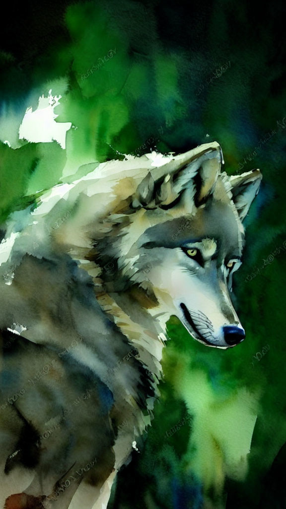 Enigmatic wolf watercolor painting on dark green backdrop