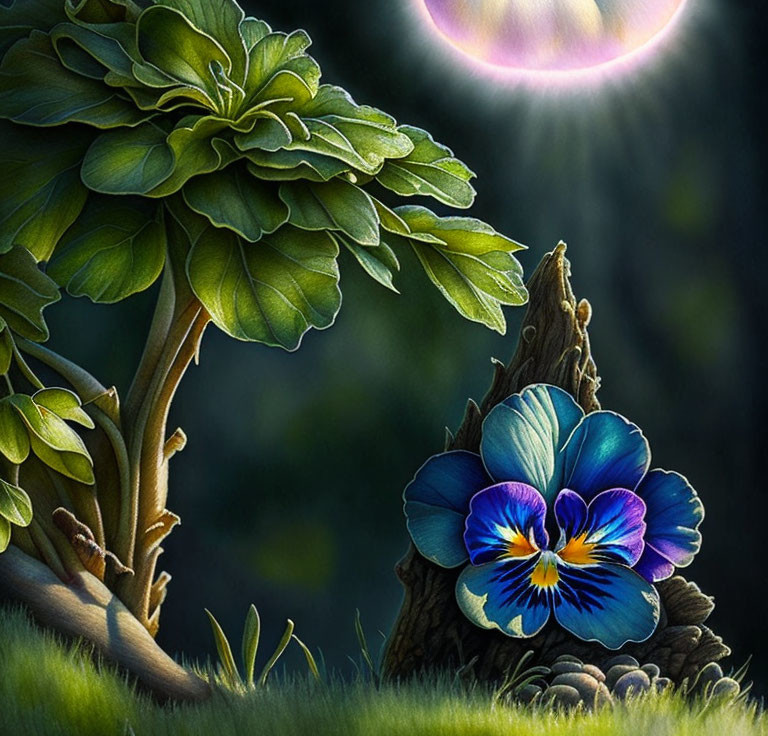 Blue Pansy Flower by Tree Stump in Dusky Setting