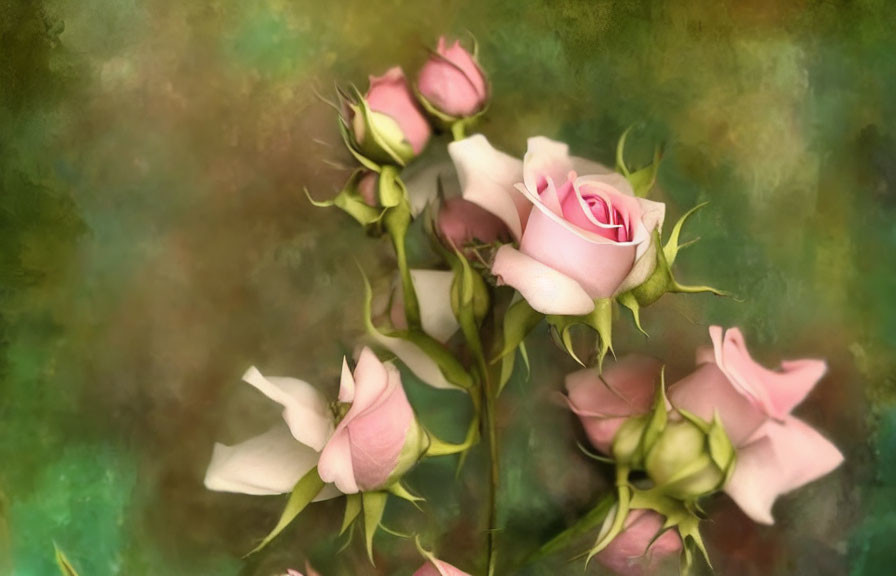 Pale Pink Roses on Soft Green Impressionistic Background