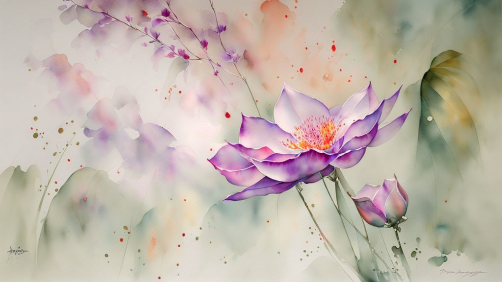 Delicate purple lotus flower in watercolor art