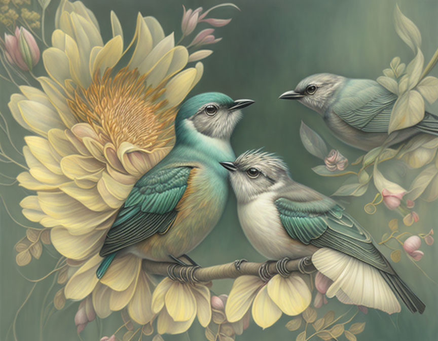 Stylized birds on branch with yellow and pink flowers against green background