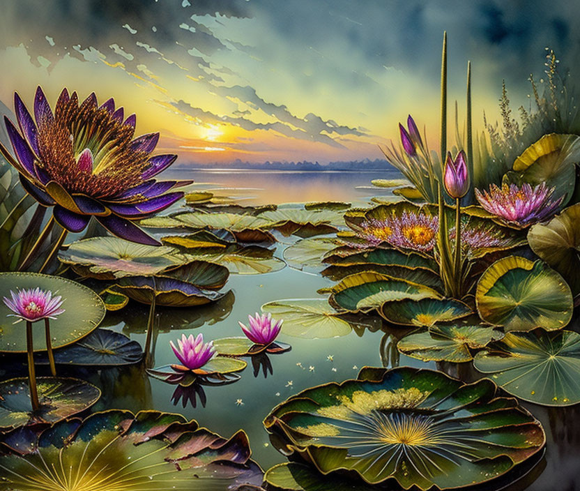 Tranquil pond with blooming lotus flowers and lily pads at sunset