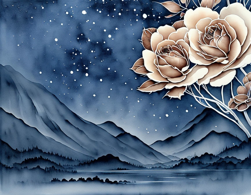 Cream-Colored Roses with Misty Blue Mountains and Starry Sky Scene