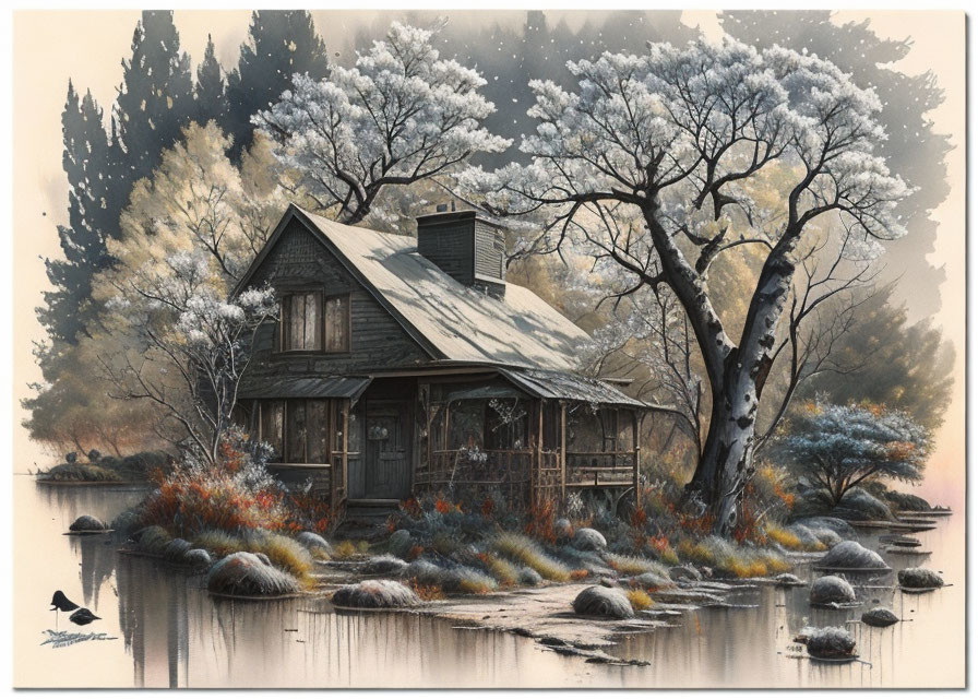 Tranquil painting of rustic cabin by pond with frosty trees and lone bird