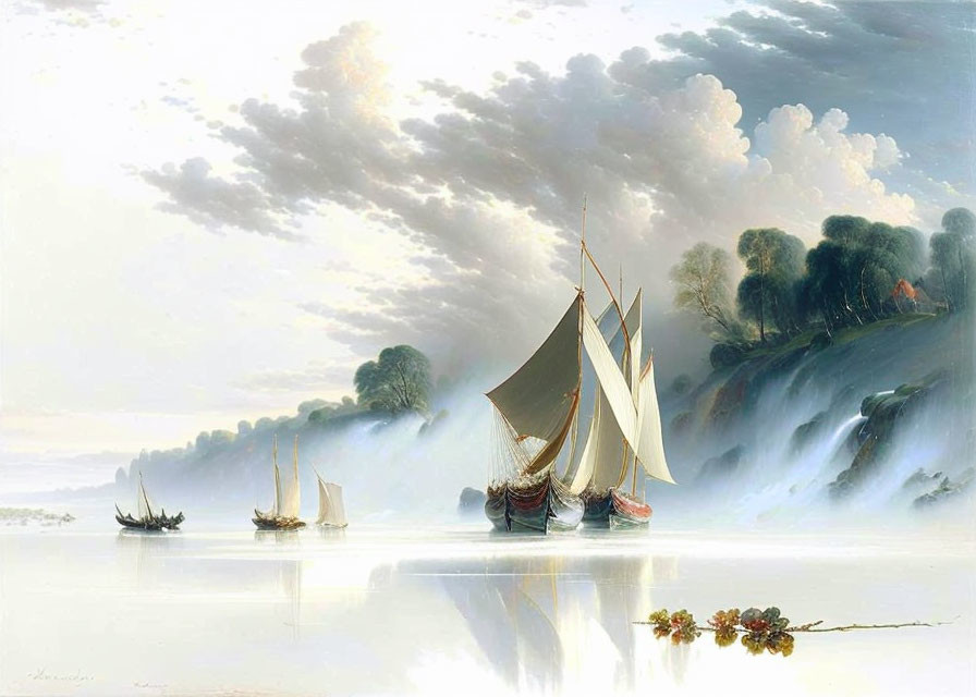 Tranquil sailboat painting near misty cliff