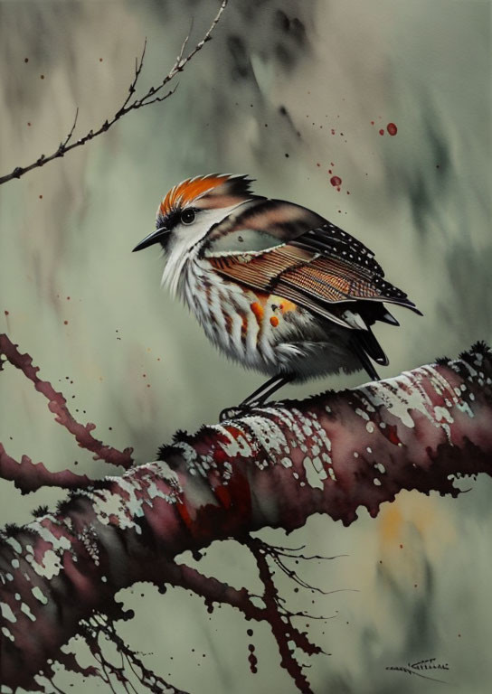 Colorful Crested Bird Perched on Lichen-Covered Branch