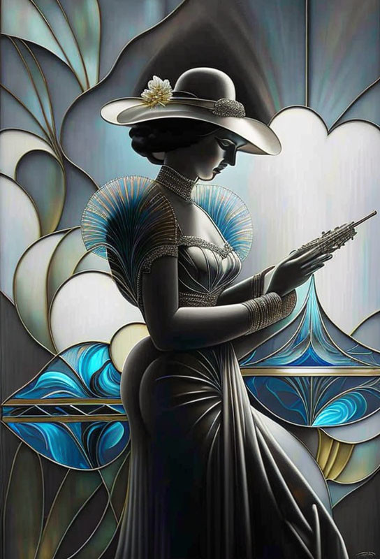 Stylized woman in long dress with feather, Art Deco and peacock motifs