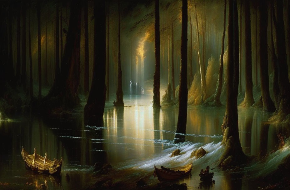 Sunbeams illuminate mystical forest with misty water and boats resting.