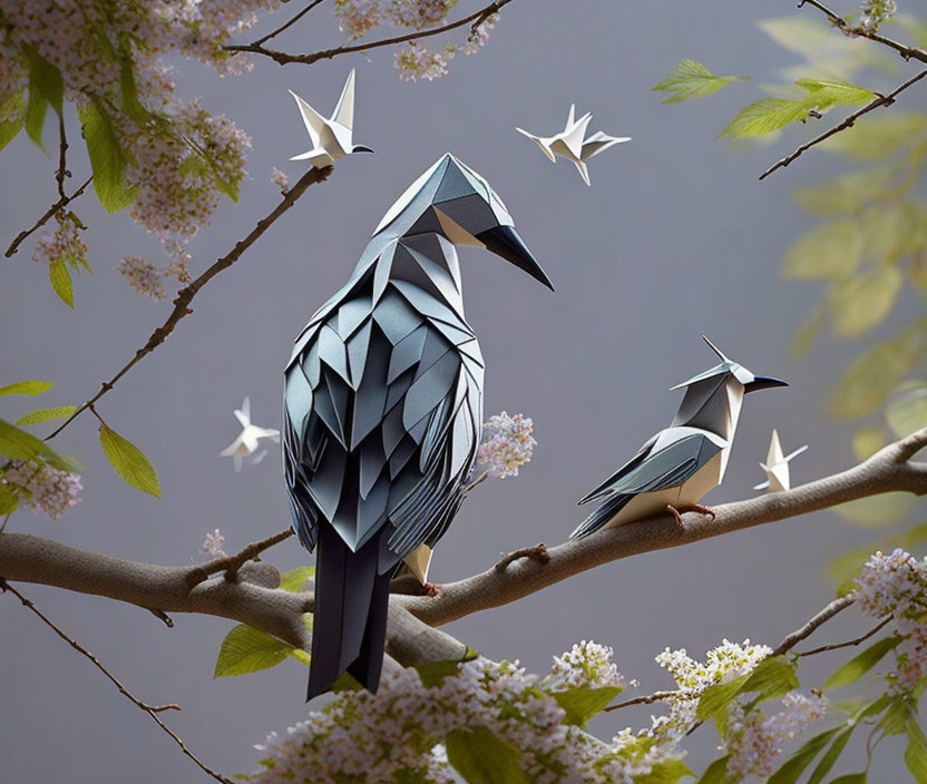 Origami birds and butterflies on branch with blossoms on grey background