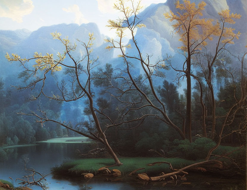 Tranquil landscape painting of leafless trees by a calm lake