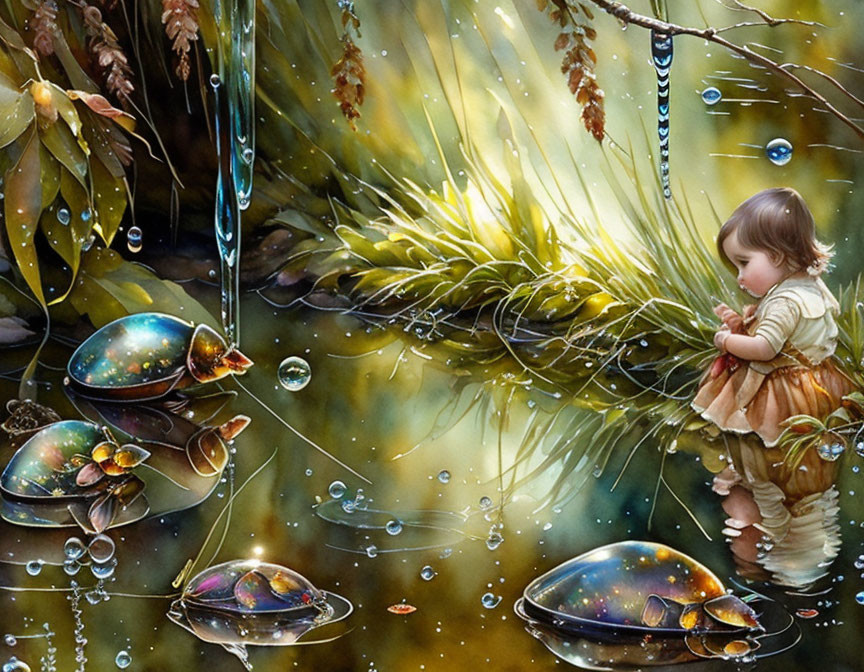 Child in fantasy woodland with metallic glowing beetles and bubbles