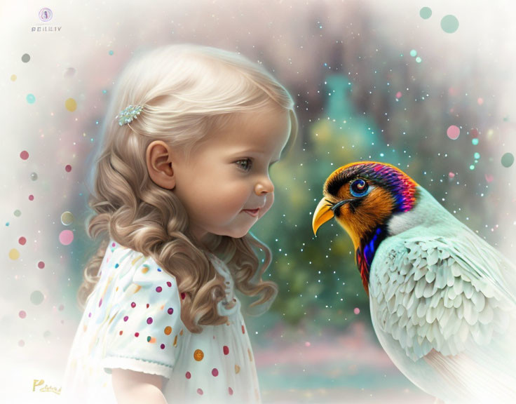 Curly Blonde Girl in White Dress Observing Colorful Bird