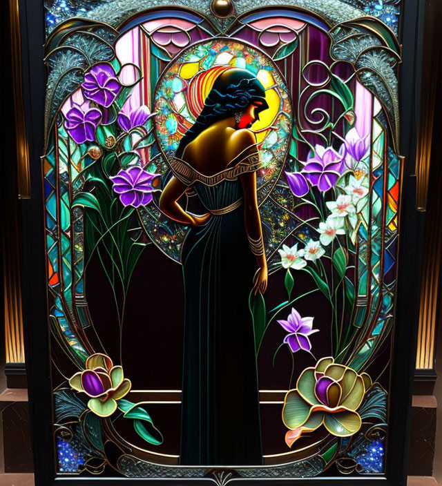 Art Nouveau Style Stained Glass Panel with Silhouetted Woman and Lotus Flowers