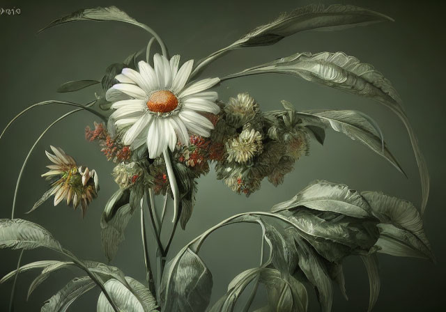 Monochromatic digital art of detailed daisies and flowers on muted greenish-gray background