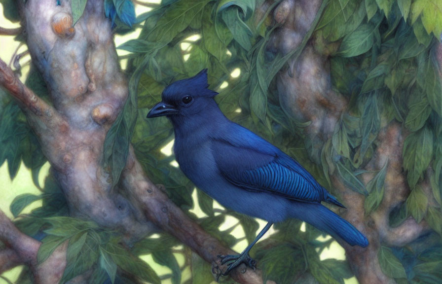 Vividly illustrated blue jay on branch in lush green foliage