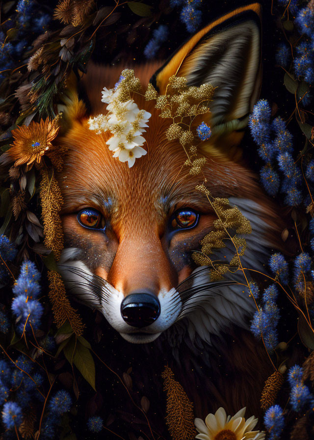 Fox Surrounded by Flowers and Foliage in Intense Orange Fur