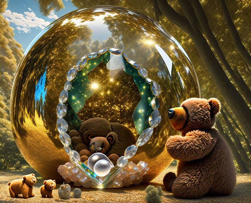 Transparent sphere with teddy bear, crystals, and forest setting