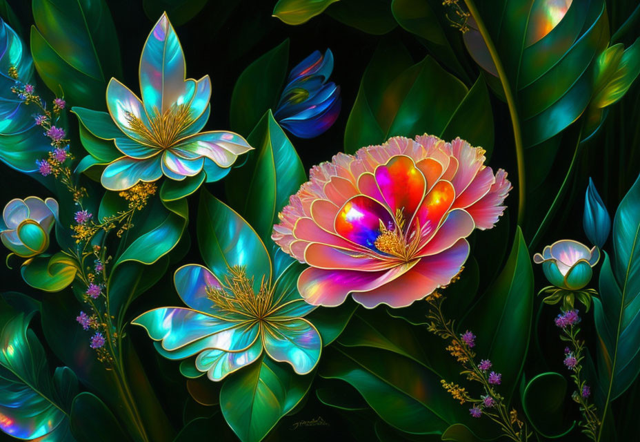 Colorful Digital Artwork: Luminescent Flowers on Dark Background