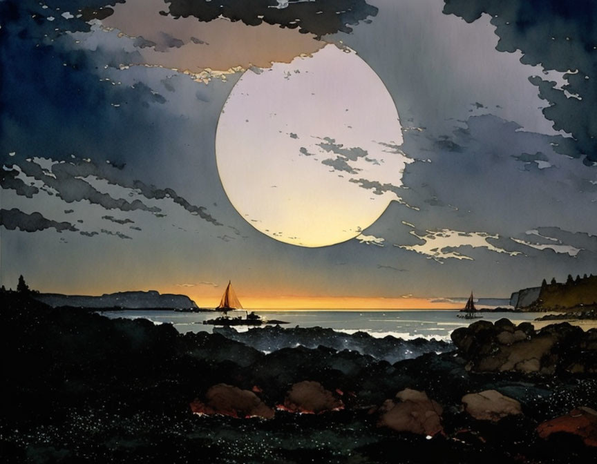 Seaside sunset artwork with moon, sailboats, and rocks