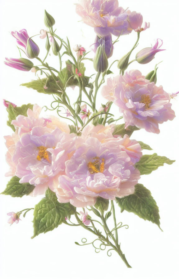 Pastel pink peonies and light purple accents with green leaves on white background