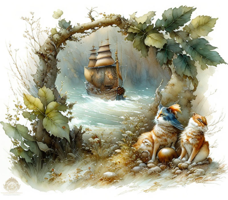 Foxes in foliage watching sailing ship through natural archway