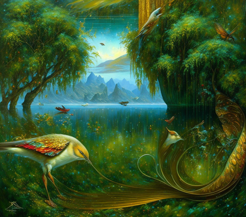 Fantastical landscape with lush greenery, majestic birds, and star-studded sky