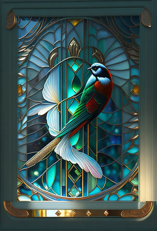 Colorful bird in ornate stained glass window with floral motif