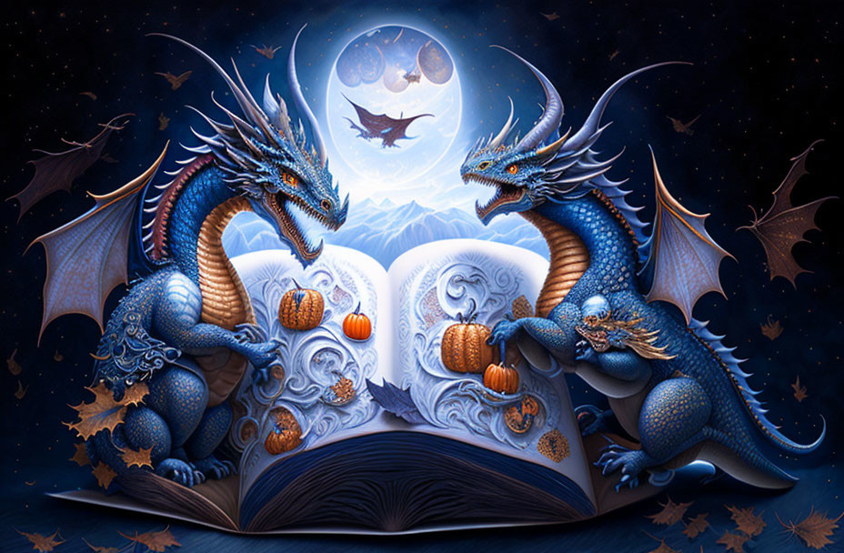 Blue dragons and pumpkin illustrations on an open book under a full moon.