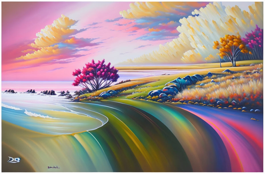 Colorful Surreal Landscape Painting with Rolling Hills and Stylized Sea