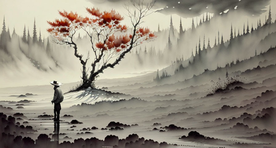 Serene monochromatic landscape with person under red-leaved tree