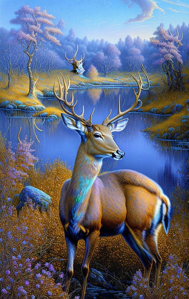 Majestic deer in vibrant artwork by blue pond