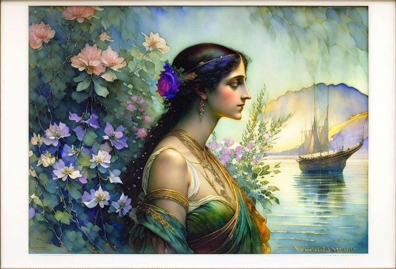 Serene woman in classical attire by water with sailboat and mountain backdrop